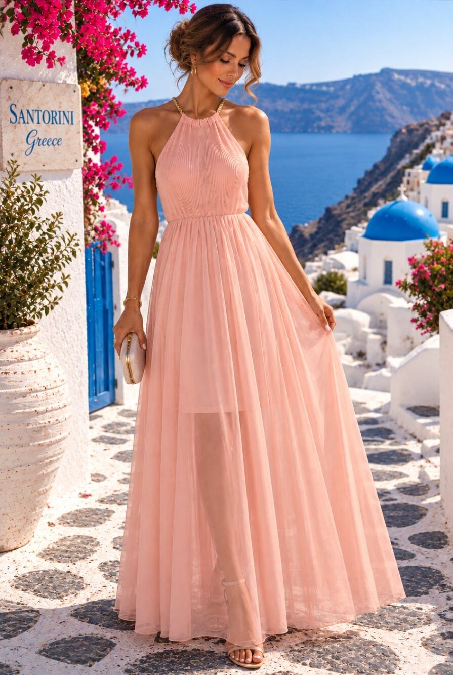 #287 ELLA BLUSH PEACH MICRO-PLEATED GOLD ROPE STRAP MAXI DRESS ♡SIZE S♡